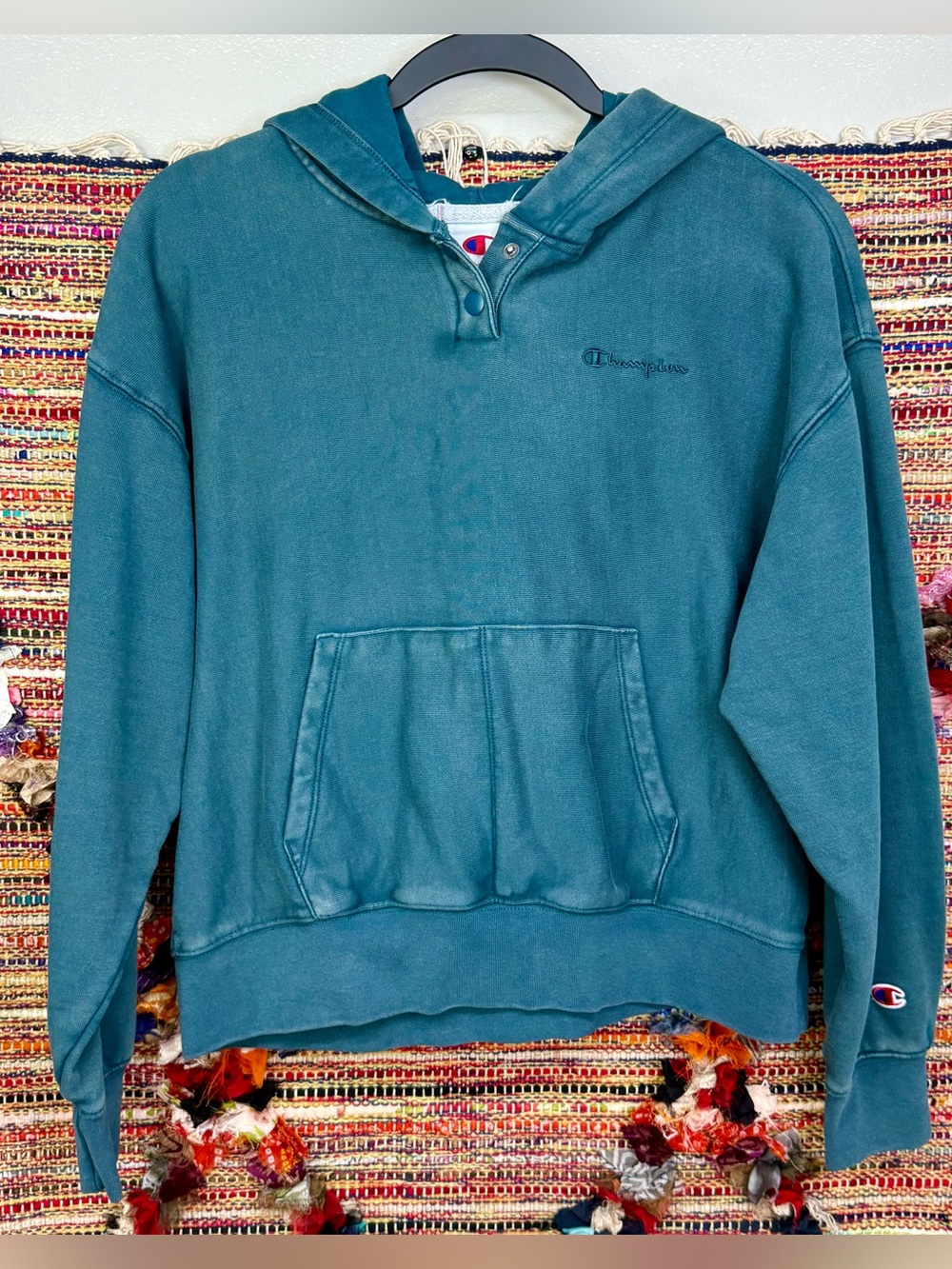 Champion Teal Hooded Pullover Sweatshirt Vintage Wash size M